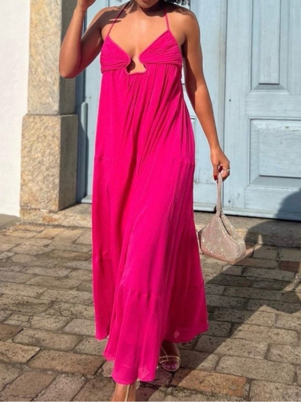 NWT ZARA Bright Fuchsia Pink Voluminous Chiffon Bustier Cutout Maxi Dress
